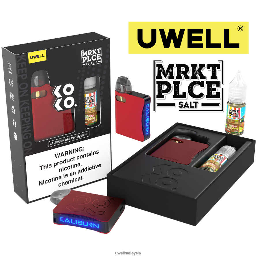 Harga UWELL - X6BB62245 UWELL CALIBURN AK3 kit + pod a3s 0.8ohm (x2) + wap ayah 10ml garam 50mg crl: merah/flv: fuji pear mangoberry