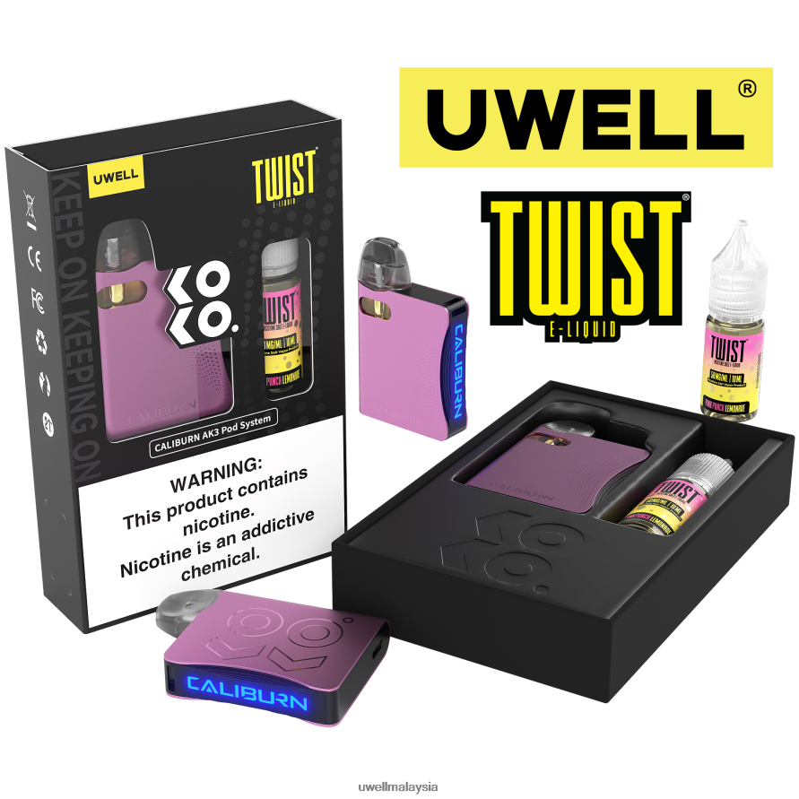 UWELL Online Shop - X6BB62240 UWELL CALIBURN AK3 kit + pod a3s 0.8ohm (x2) + wap ayah 10ml garam 50mg crl: kelabu/flv: strawberry tembikai masam 50mg