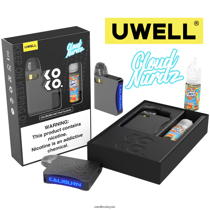 UWELL Online Shop - X6BB62240 UWELL CALIBURN AK3 kit + pod a3s 0.8ohm (x2) + wap ayah 10ml garam 50mg crl: kelabu/flv: strawberry tembikai masam 50mg