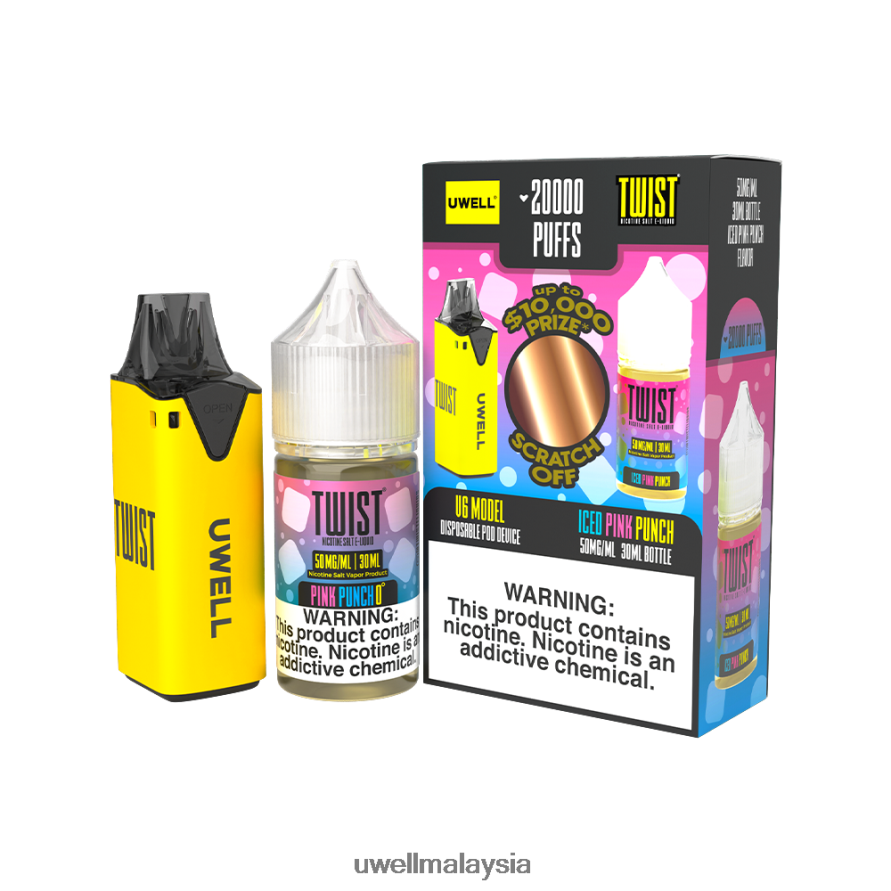 UWELL E Cig - X6BB62218 UWELL V6 alat pakai buang + jus daddy's vapor 30ml - collab bundle clr: kuning/flv: tebuk merah jambu ais 50mg