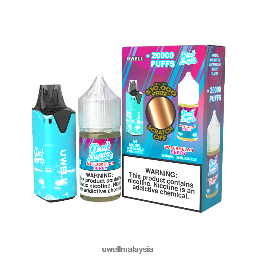 UWELL E Cig - X6BB62218 UWELL V6 alat pakai buang + jus daddy's vapor 30ml - collab bundle clr: kuning/flv: tebuk merah jambu ais 50mg