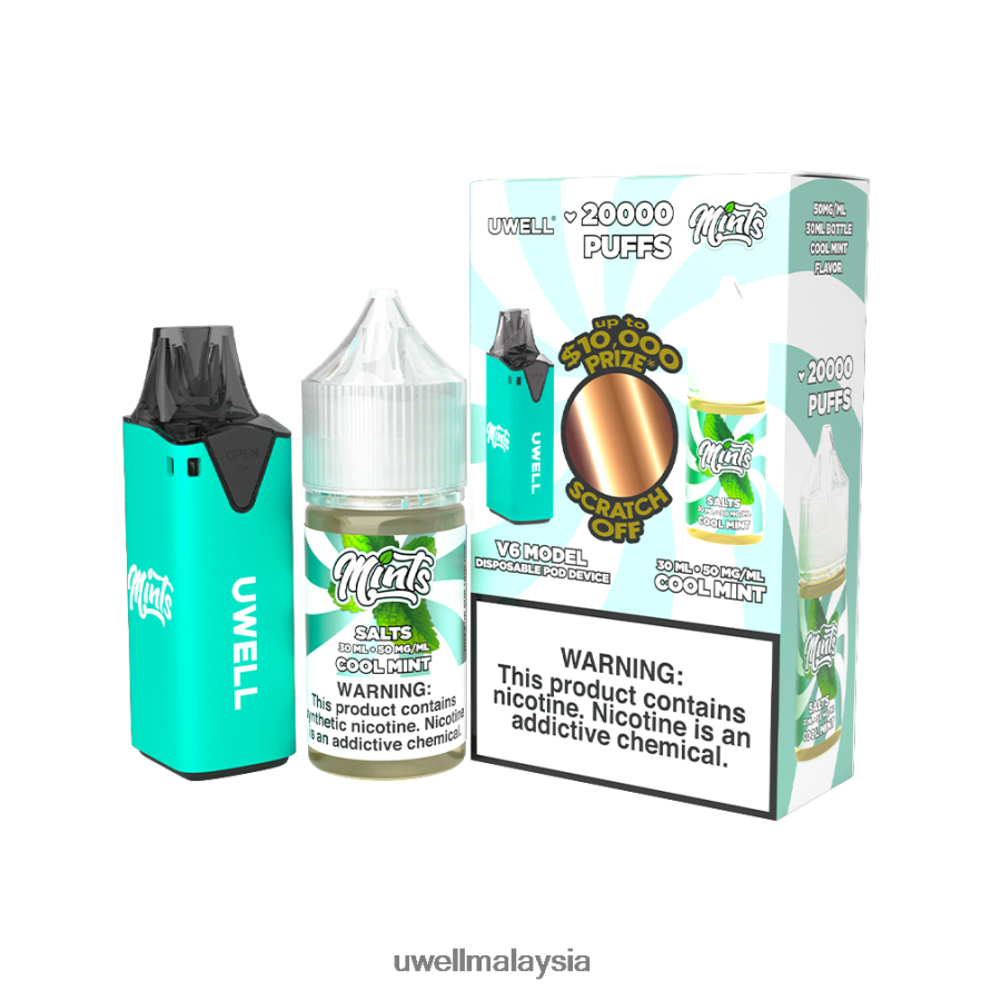 UWELL Online Shop - X6BB62210 UWELL V6 alat pakai buang + jus daddy's vapor 30ml - collab bundle clr: cyan/flv: pudina sejuk 50mg