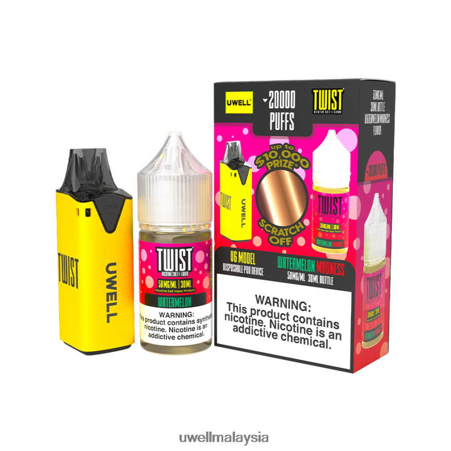 UWELL Online Shop - X6BB62220 UWELL V6 alat pakai buang + jus daddy's vapor 30ml - collab bundle clr: kuning/flv: kegilaan tembikai 50mg