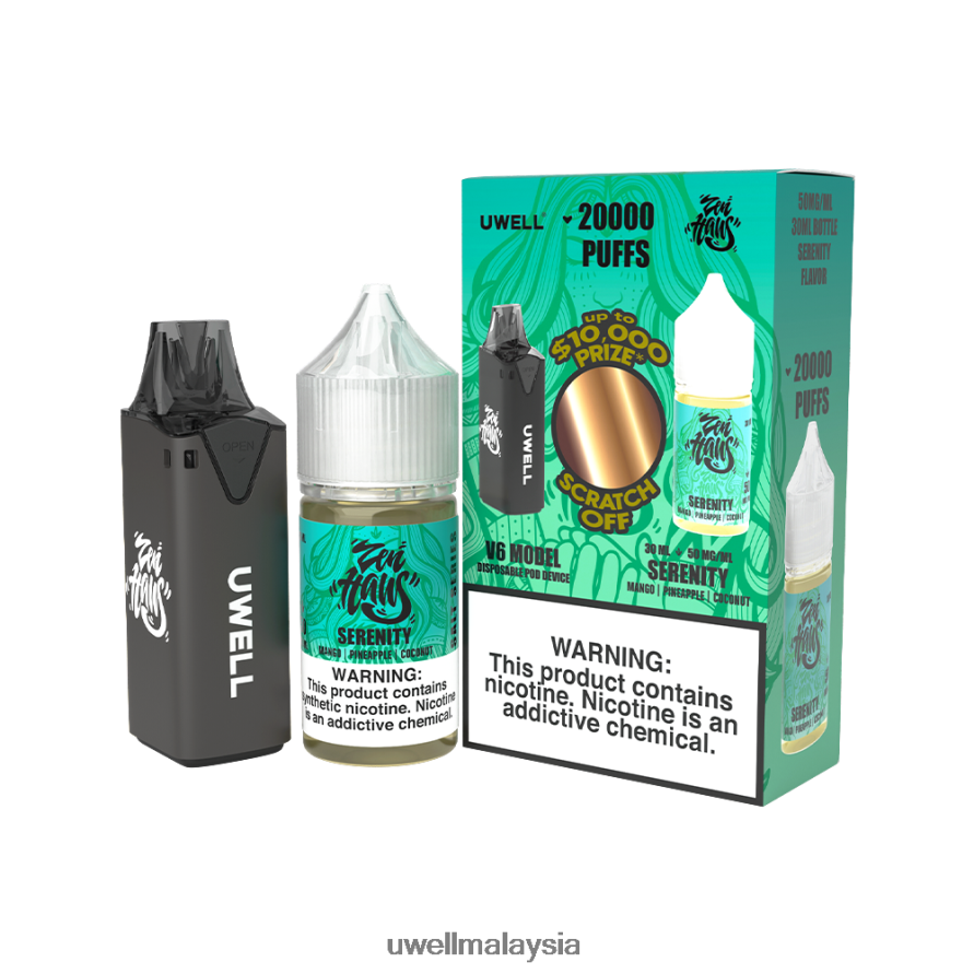 UWELL Products Malaysia - X6BB62222 UWELL V6 alat pakai buang + jus daddy's vapor 30ml - collab bundle clr: hitam/flv: ketenangan 50mg